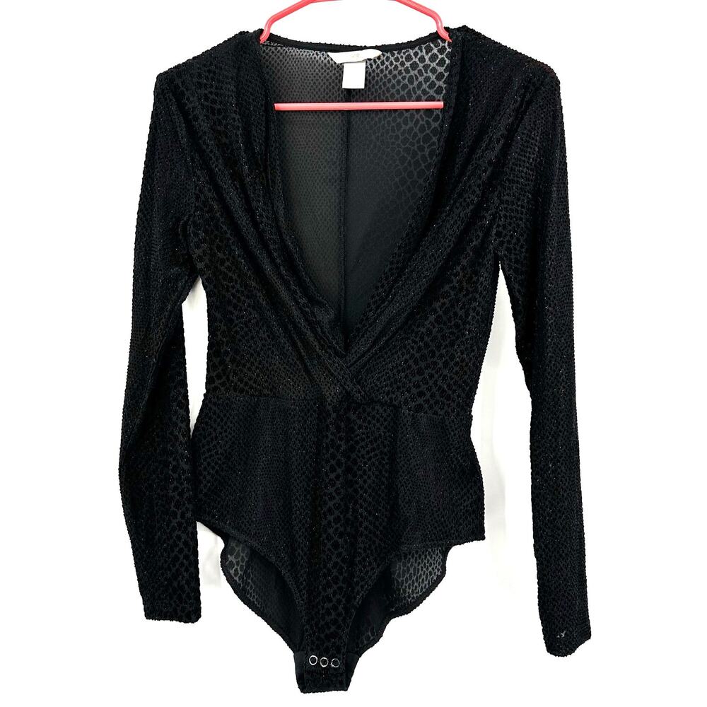 H&M Size 6 One Piece Black Snakeskin Sheer Bodysuit Long‎ Sleeve Undershirt